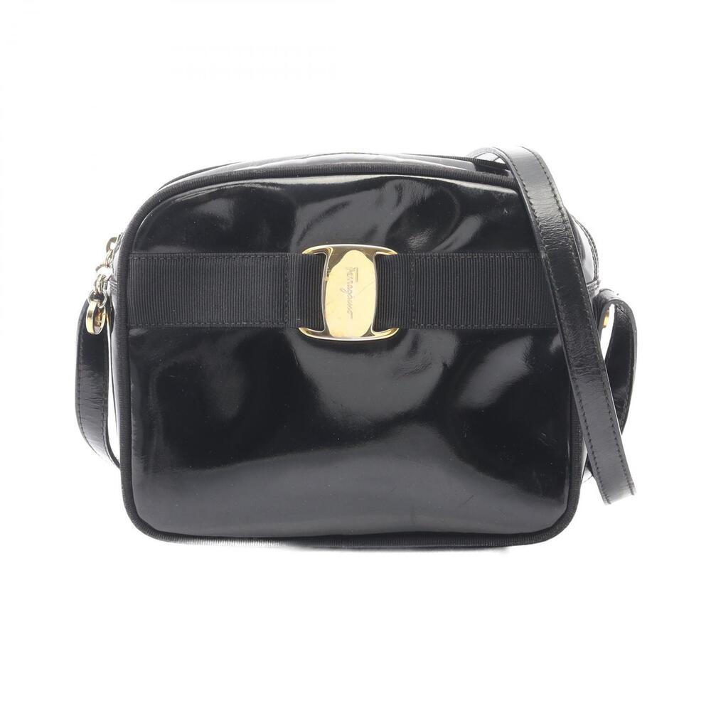 Salvatore Ferragamo Vara Ribbon Shoulder Bag Patent Vernis Leather Black